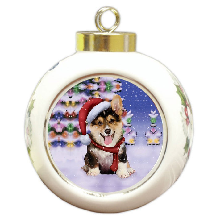 Winterland Wonderland Corgis Puppy Dog In Christmas Holiday Scenic Background Round Ball Ornament
