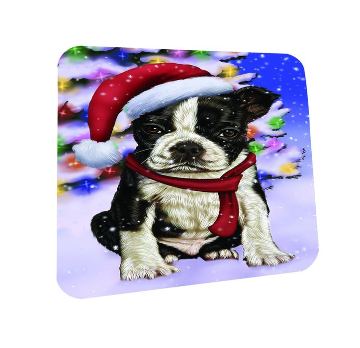 Winterland Wonderland Boston Dog In Christmas Holiday Scenic Background Coasters Set of 4
