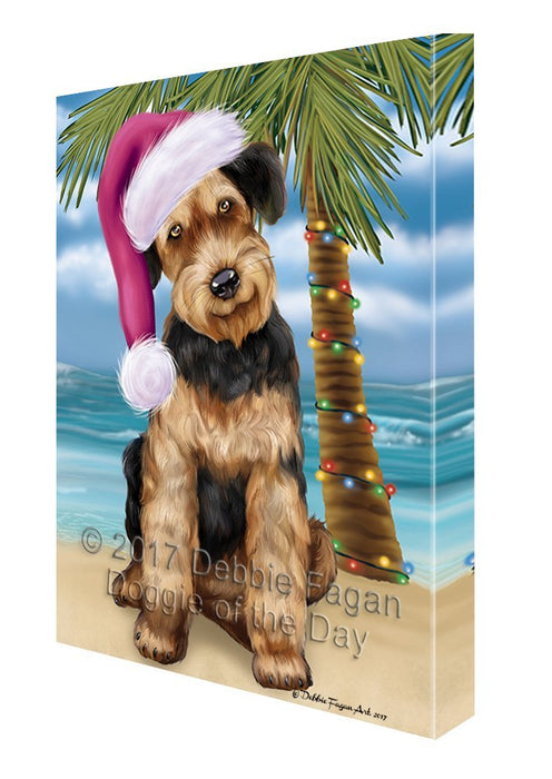 Summertime Happy Holidays Christmas Airedale Dog on Tropical Island Beach Canvas Wall Art