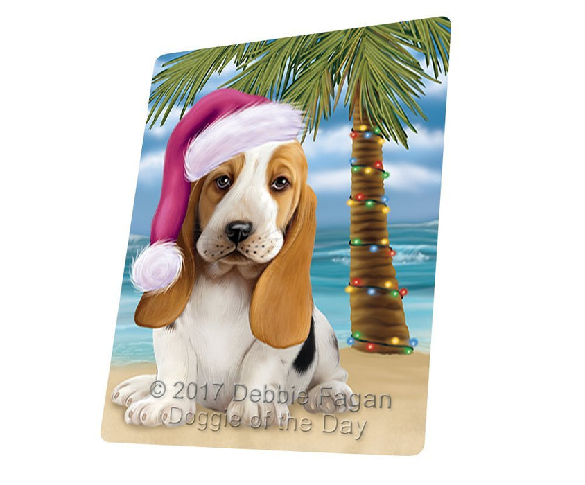 Summertime Happy Holidays Christmas Basset Hounds Dog on Tropical Island Beach Tempered Cutting Board