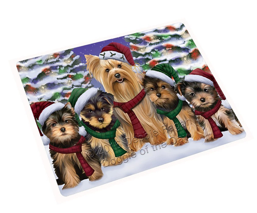 Yorkshire Terriers Dog Christmas Family Portrait in Holiday Scenic Background Tempered Cutting Board