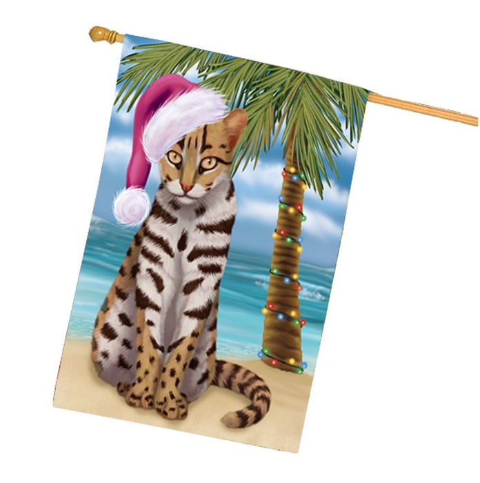 Summertime Christmas Happy Holidays Asian Leopard Cat on Beach House Flag HFLG315