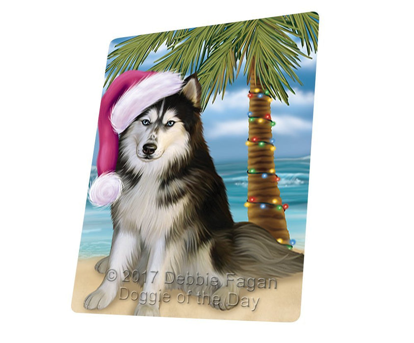 Summertime Happy Holidays Christmas Siberian Husky Dog on Tropical Island Beach Tempered Cutting Board