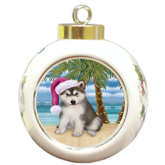 Summertime Alaskan Malamute Puppy Dog on Beach Christmas Round Ball Ornament POR1019