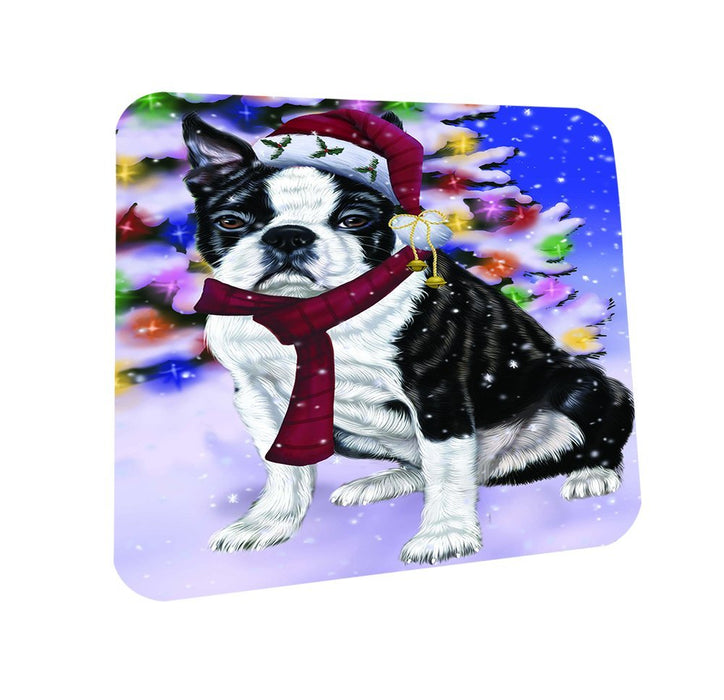 Winterland Wonderland Boston Dog In Christmas Holiday Scenic Background Coasters Set of 4
