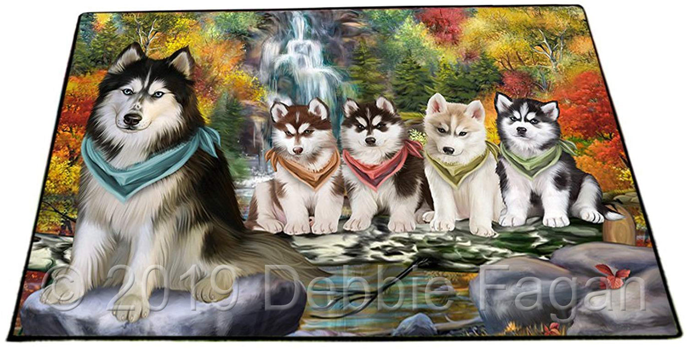 Scenic Waterfall Siberian Huskies Dog Floormat FLMS49944