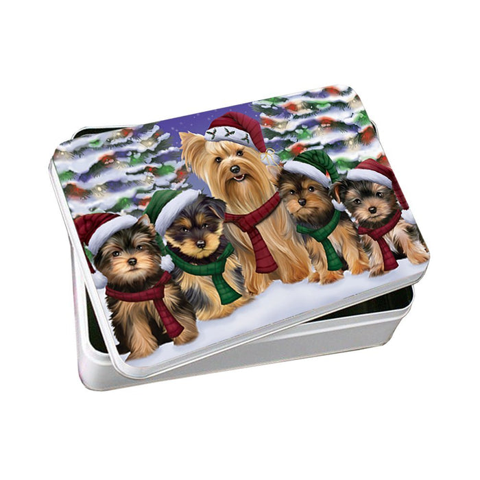 Yorkshire Terriers Dog Christmas Family Portrait in Holiday Scenic Background Photo Storage Tin