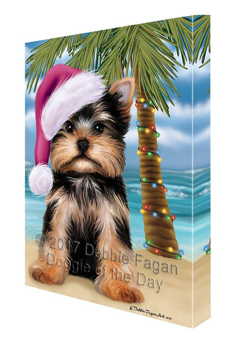 Summertime Happy Holidays Christmas Yorkshire Terrier Dog on Tropical Island Beach Canvas Wall Art D134