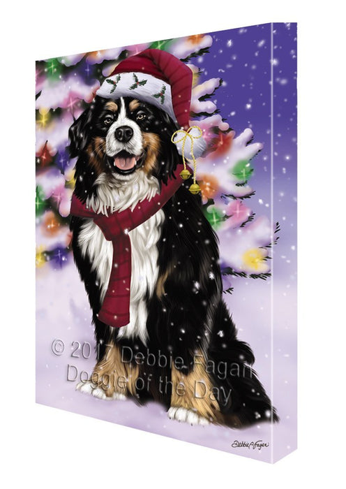 Winterland Wonderland Bernese Mountain Dog In Christmas Holiday Scenic Background Painting Printed on Canvas Wall Art