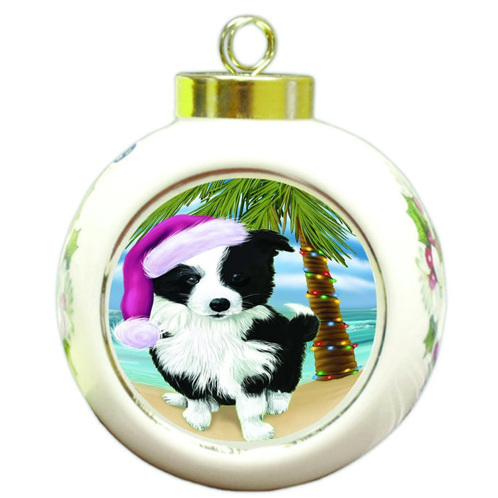 Summertime Happy Holidays Christmas Border Collie Dog on Tropical Island Beach Round Ball Ornament D509