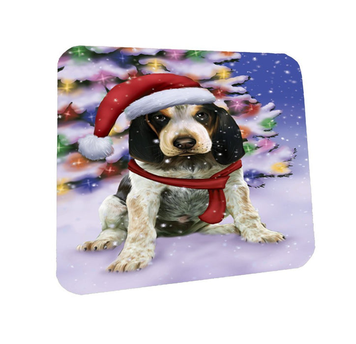 Winterland Wonderland Bluetick Coonhound Puppy Dog In Christmas Holiday Scenic Background Coasters Set of 4
