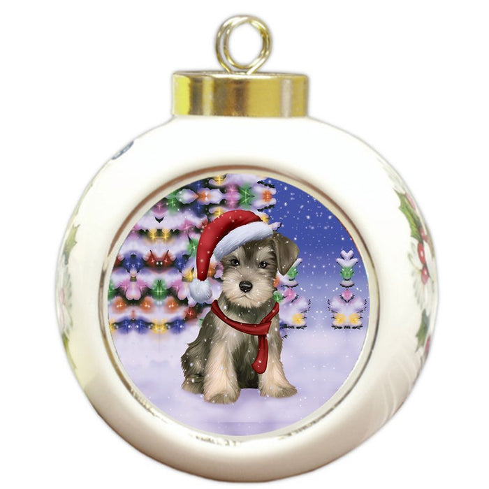Winterland Wonderland Schnauzers Puppy Dog In Christmas Holiday Scenic Background Round Ball Ornament
