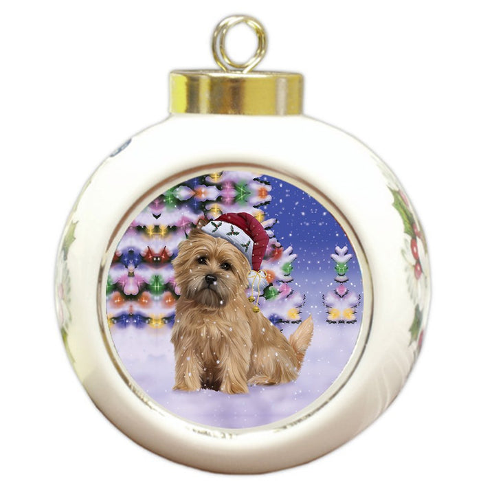 Winterland Wonderland Cairn Terrier Dog In Christmas Holiday Scenic Background Round Ball Ornament
