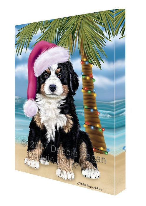 Summertime Happy Holidays Christmas Bernese Dog on Tropical Island Beach Canvas Wall Art