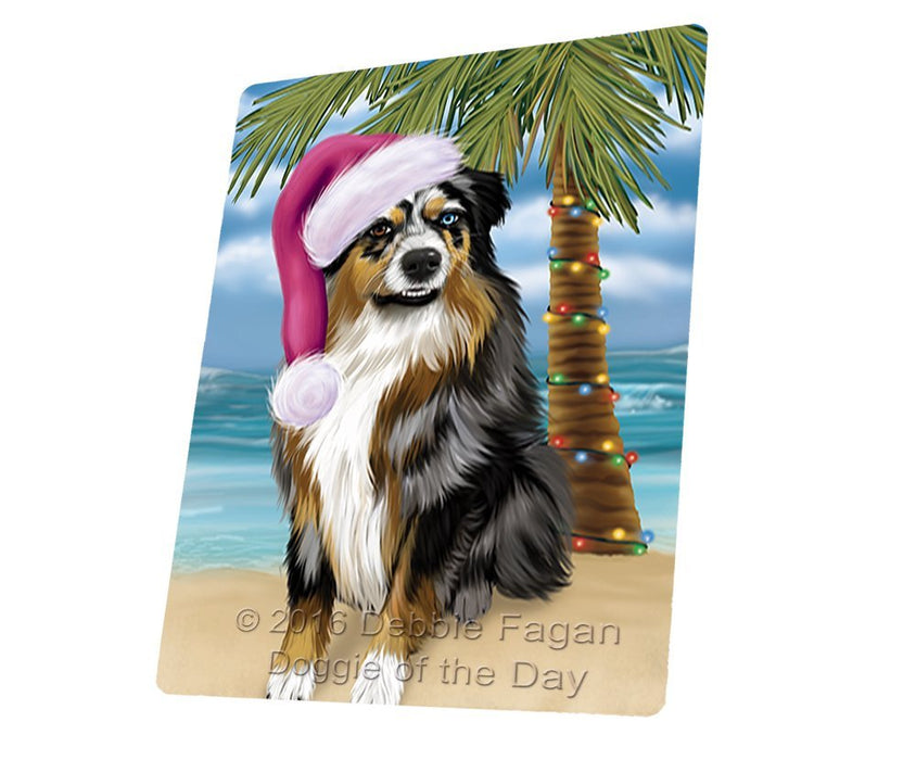 Summertime Happy Holidays Christmas Australian Shepherd Dog on Tropical Island Beach Tempered Cutting Board