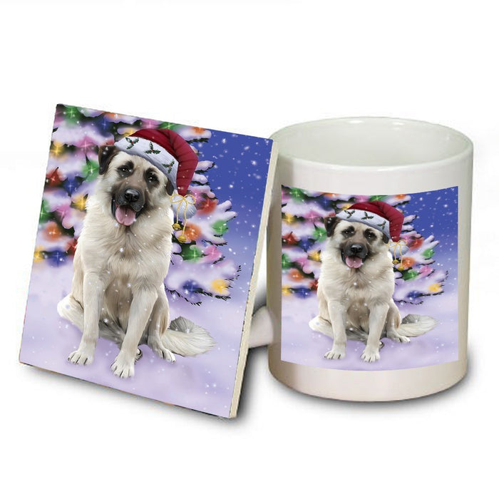Winterland Wonderland Anatolian Shepherds Dog In Christmas Holiday Scenic Background Mug and Coaster Set
