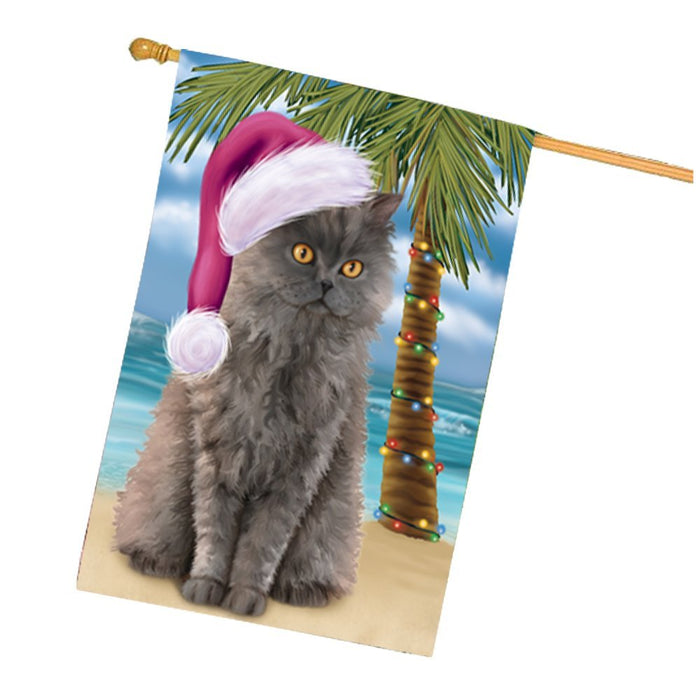 Summertime Christmas Happy Holidays Selkirk Rex Cat on Beach House Flag HFLG344