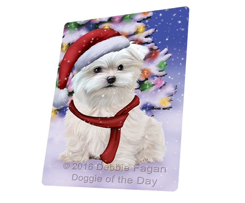 Winterland Wonderland Maltese Puppy Dog In Christmas Holiday Scenic Background Tempered Cutting Board