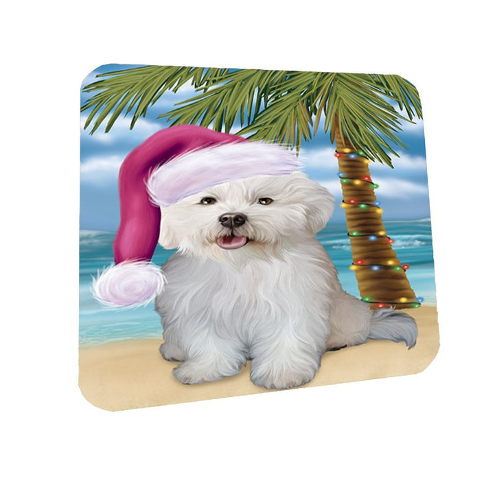 Summertime Happy Holidays Christmas Bichon Frise Dog on Tropical Island Beach Coasters Set of 4