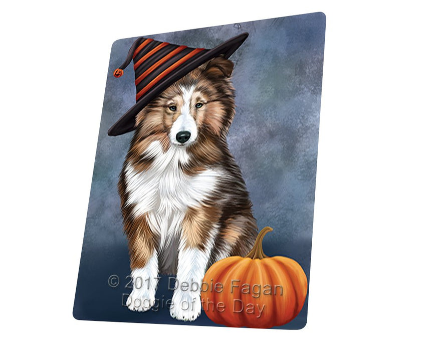 Happy Halloween Shetland Sheepdog Dog Wearing Witch Hat With Pumpkin Magnet Mini (3.5" x 2")