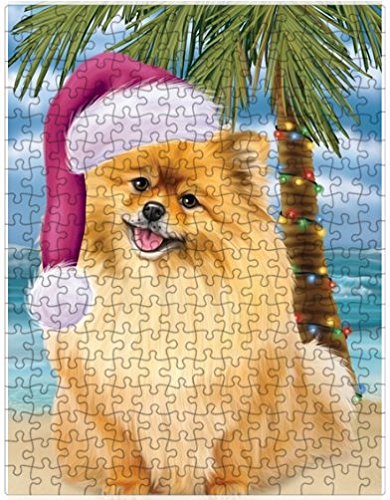 Summertime Happy Holidays Christmas Pomeranian Dog on Tropical Island Beach Puzzle with Photo Tin