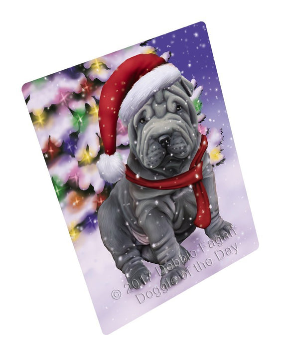 Winterland Wonderland Shar Pei Dog In Christmas Holiday Scenic Background Tempered Cutting Board