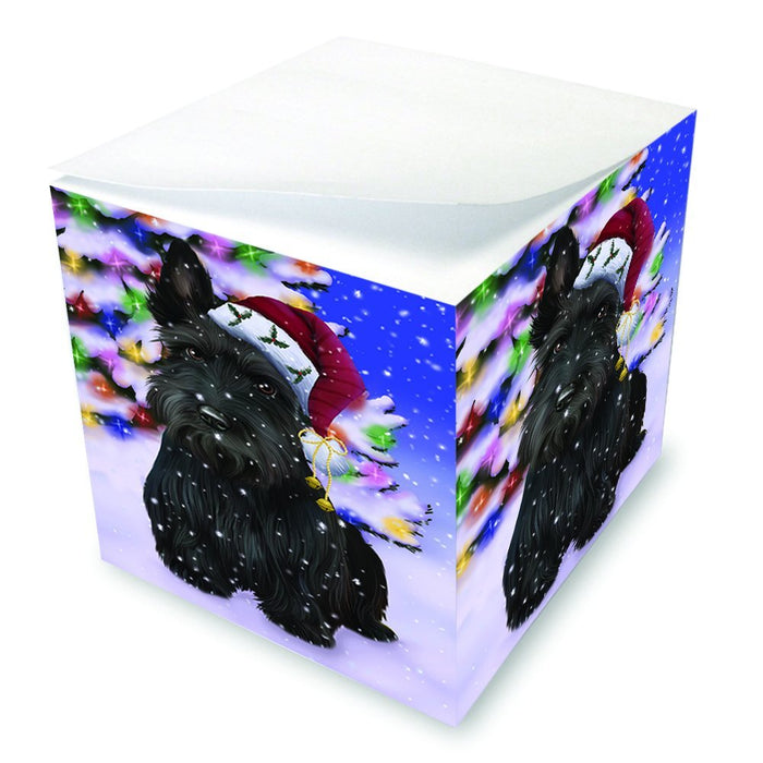 Winterland Wonderland Scottish Terrier Dog In Christmas Holiday Scenic Background Note Cube