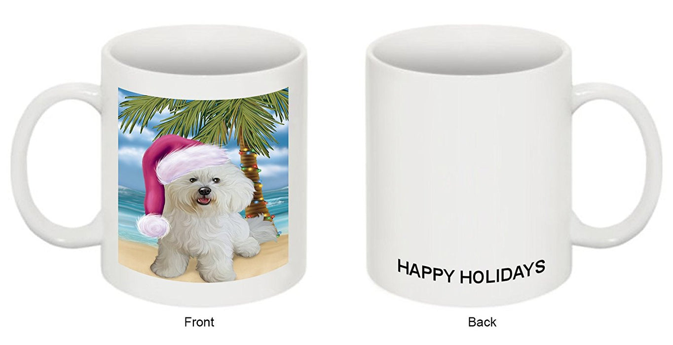 Summertime Happy Holidays Christmas Bichon Frise Dog on Tropical Island Beach Mug