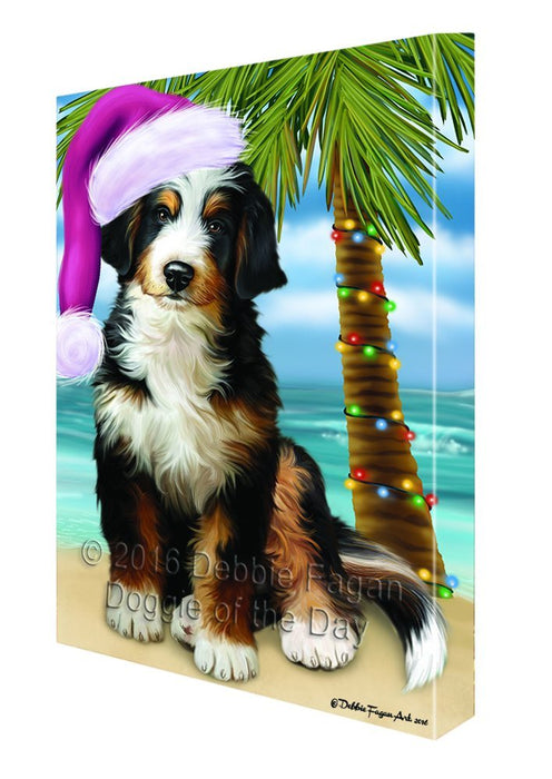 Summertime Happy Holidays Christmas Bernedoodle Dog on Tropical Island Beach Canvas Wall Art