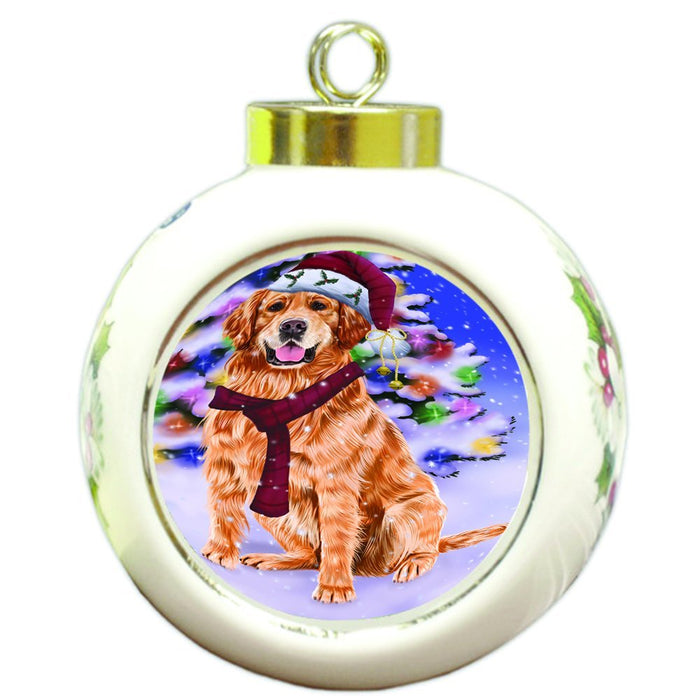 Winterland Wonderland Golden Retrievers Dog In Christmas Holiday Scenic Background Round Ball Ornament D569