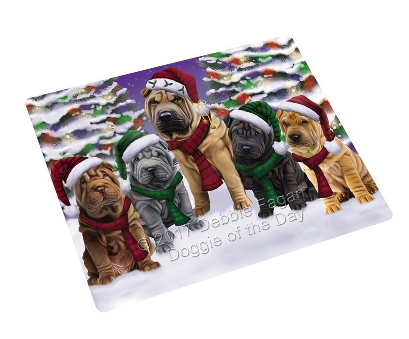 Shar Pei Dog Christmas Family Portrait in Holiday Scenic Background Tempered Cutting Board
