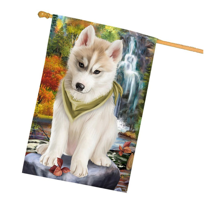 Scenic Waterfall Siberian Husky Dog House Flag FLGA49486