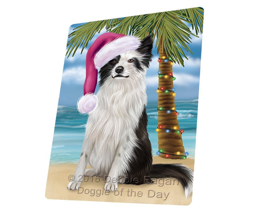 Summertime Happy Holidays Christmas Border Collie Dog on Tropical Island Beach Tempered Cutting Board (Small)