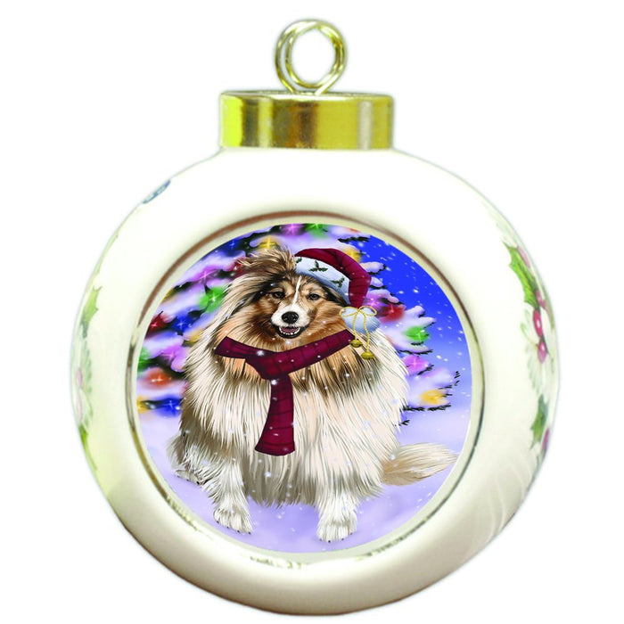 Winterland Wonderland Shetland Dog In Christmas Holiday Scenic Background Round Ball Ornament D586