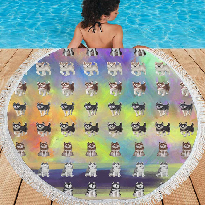 Siberian Husky Dogs  Round Beach Mat 59’’