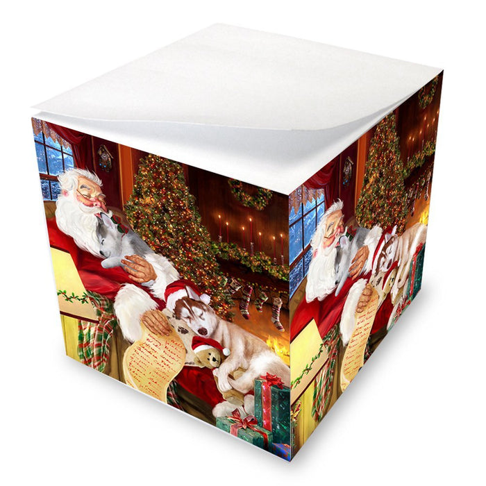 Siberian Husky Dog with Puppies Sleeping with Santa Note Cube