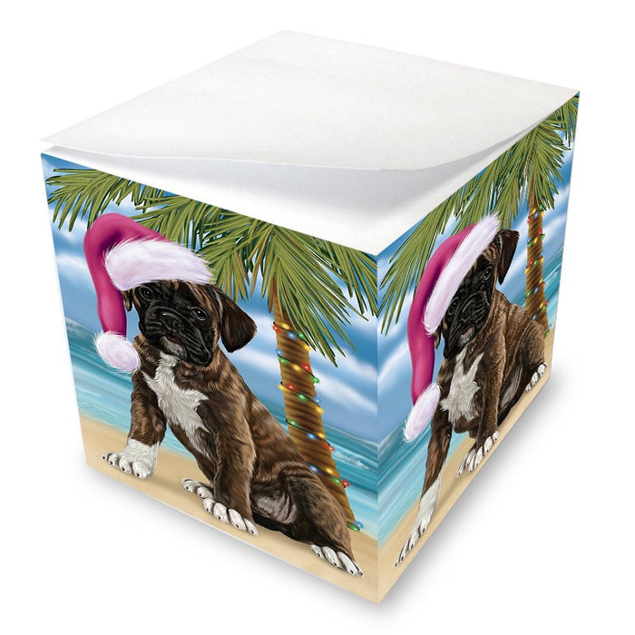 Summertime Happy Holidays Christmas Boxers Dog on Tropical Island Beach Note Cube D512