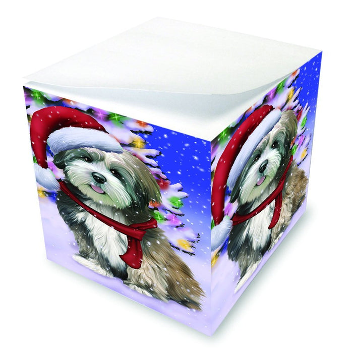 Winterland Wonderland Lhasa Apso Dog In Christmas Holiday Scenic Background Note Cube
