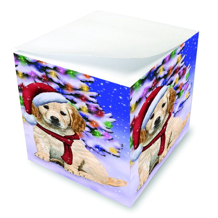 Winterland Wonderland Golden Retrievers Dog In Christmas Holiday Scenic Background Note Cube D662