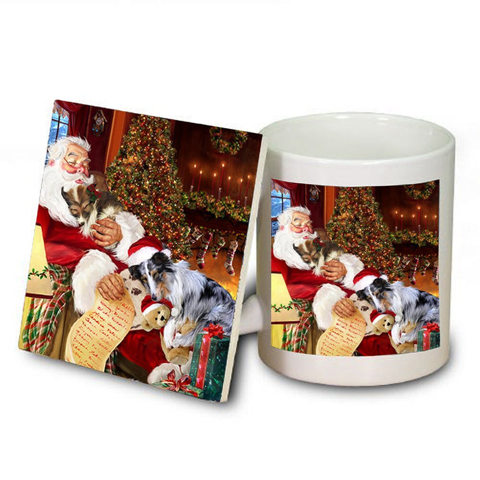 Sheltie Dog with Puppies Sleeping with Santa Mug & Coaster Set