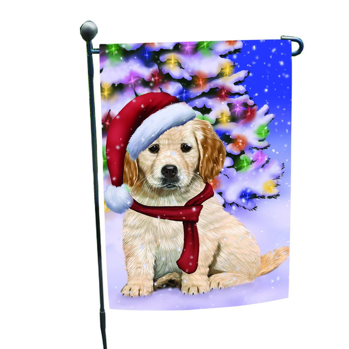 Winterland Wonderland Golden Retrievers Dog In Christmas Holiday Scenic Background Garden Flag