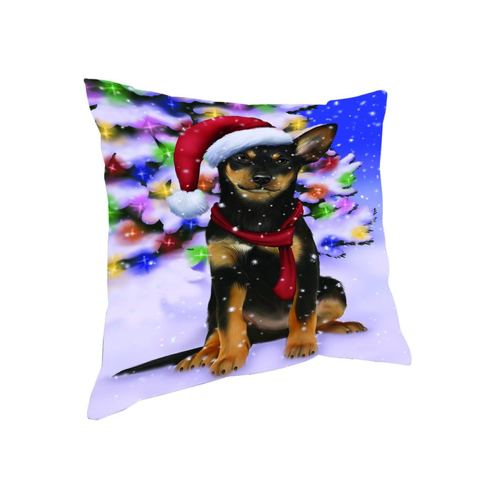 Winterland Wonderland Australian Kelpies Dog In Christmas Holiday Scenic Background Throw Pillow