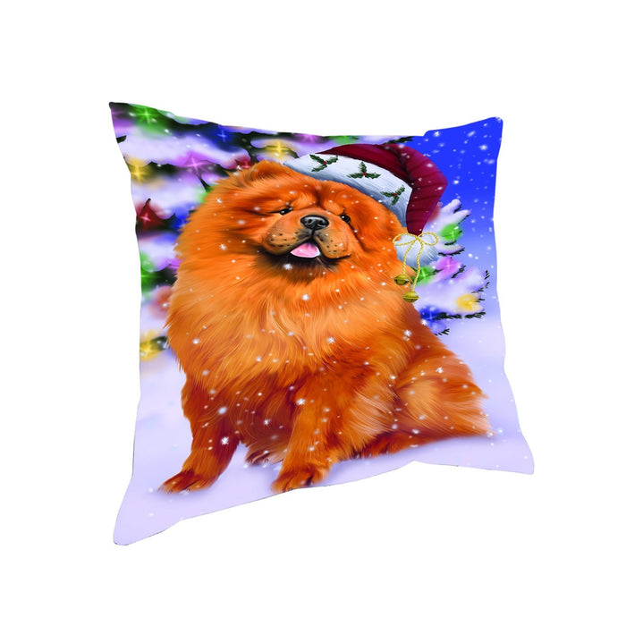 Winterland Wonderland Chow Chow Dog In Christmas Holiday Scenic Background Throw Pillow
