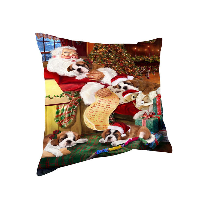 Saint Bernard Dog and Puppies Sleeping with Santa Throw Pillow