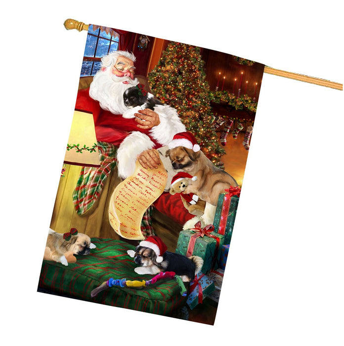 Tibetan Spaniel Dog and Puppies Sleeping with Santa House Flag