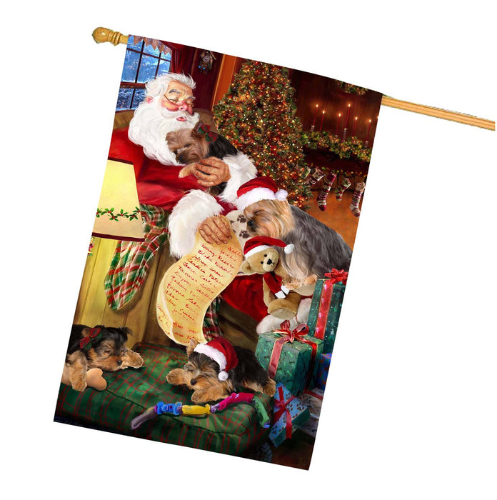 Yokshire Terrier Dog and Puppies Sleeping with Santa House Flag