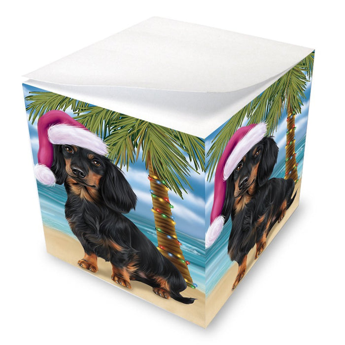 Summertime Happy Holidays Christmas Dachshunds Dog on Tropical Island Beach Note Cube D533