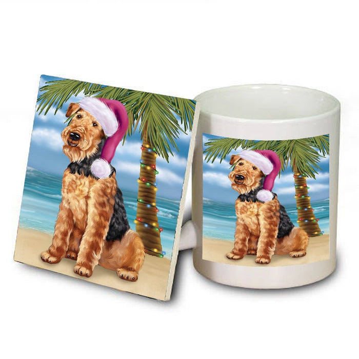 Summertime Happy Holidays Christmas Airedale Dog on Tropical Island Beach Mug and Coaster Set