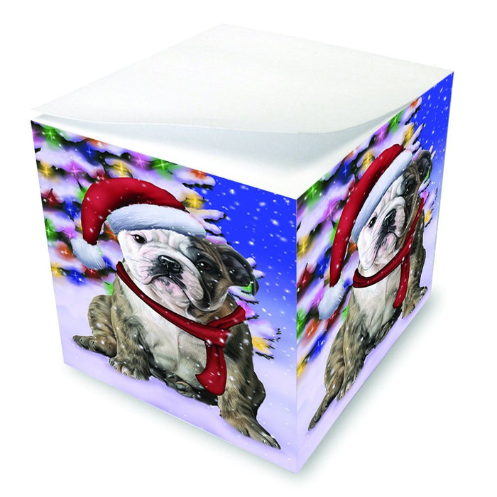 Winterland Wonderland Bulldogs Dog In Christmas Holiday Scenic Background Note Cube D652