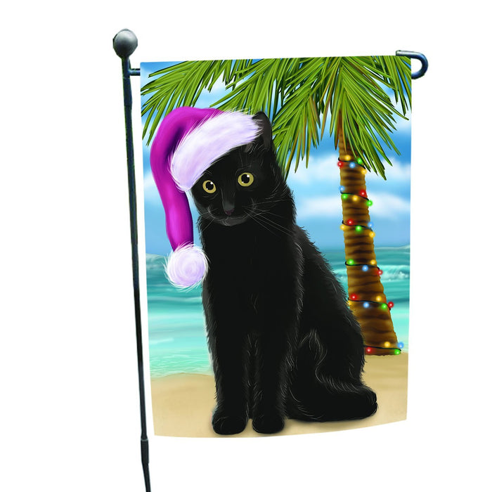 Summertime Happy Holidays Christmas Black Cat on Tropical Island Beach Garden Flag